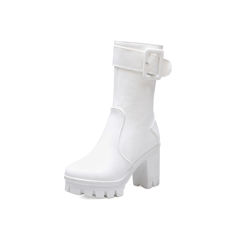 Women's Buckle Block Heel Platform Mid Calf Boots