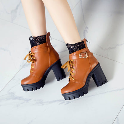 Women's Pu Leather Round Toe Lace Lace-Up Buckle Straps Block Chunky Heel Platform Short Boots