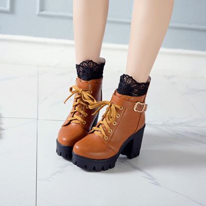 Women's Pu Leather Round Toe Lace Lace-Up Buckle Straps Block Chunky Heel Platform Short Boots