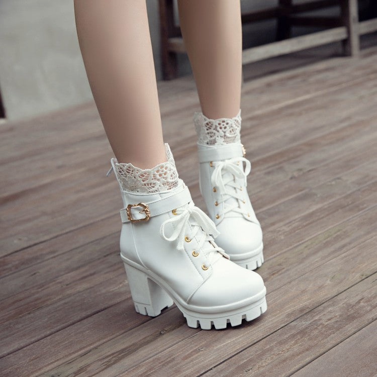 Women's Pu Leather Round Toe Lace Lace-Up Buckle Straps Block Chunky Heel Platform Short Boots