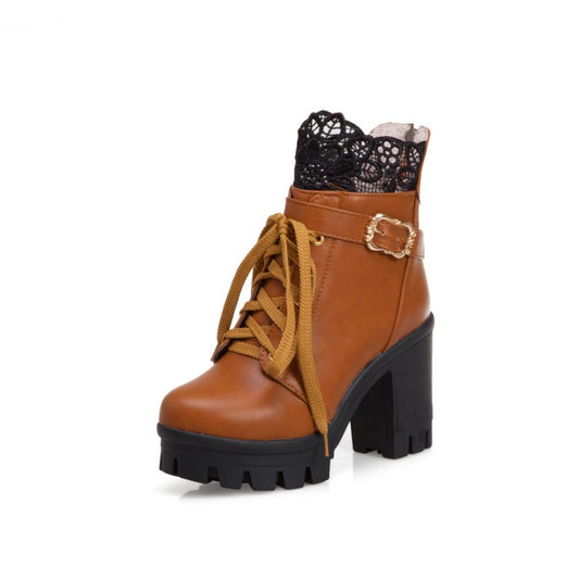 Women's Pu Leather Round Toe Lace Lace-Up Buckle Straps Block Chunky Heel Platform Short Boots