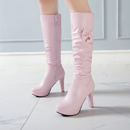 Women's Side Zippers Bow Tie Pearls Block Heel Platform Knee High Boots