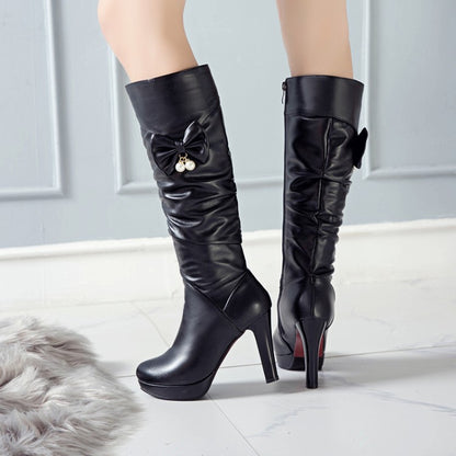 Women's Side Zippers Bow Tie Pearls Block Heel Platform Knee High Boots