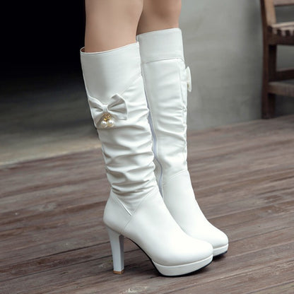 Women's Side Zippers Bow Tie Pearls Block Heel Platform Knee High Boots