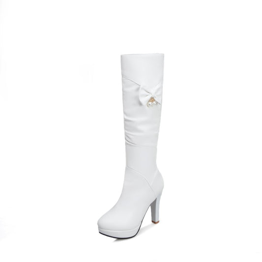 Women's Side Zippers Bow Tie Pearls Block Heel Platform Knee High Boots