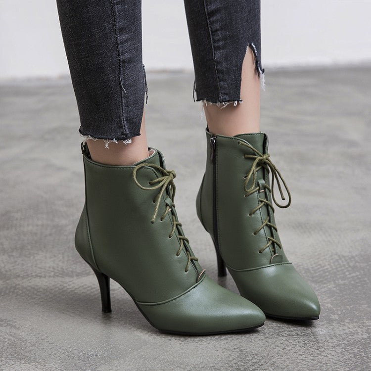 Women's Pu Leather Pointed Toe Lace Up Stiletto Heel Short Boots