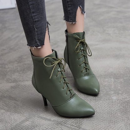 Women's Pu Leather Pointed Toe Lace Up Stiletto Heel Short Boots