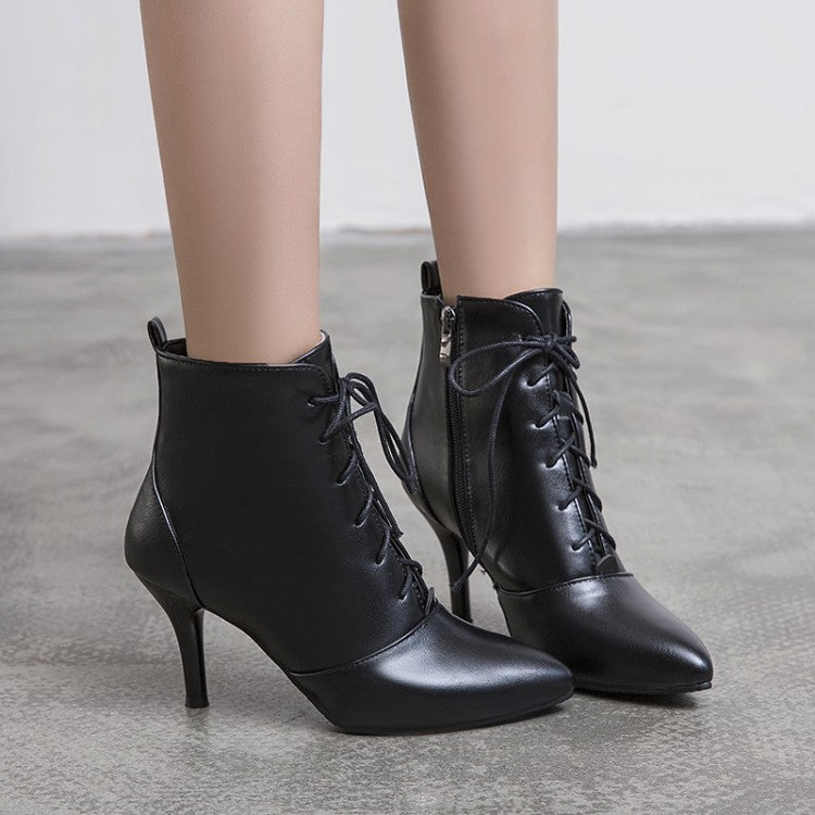 Women's Pu Leather Pointed Toe Lace Up Stiletto Heel Short Boots