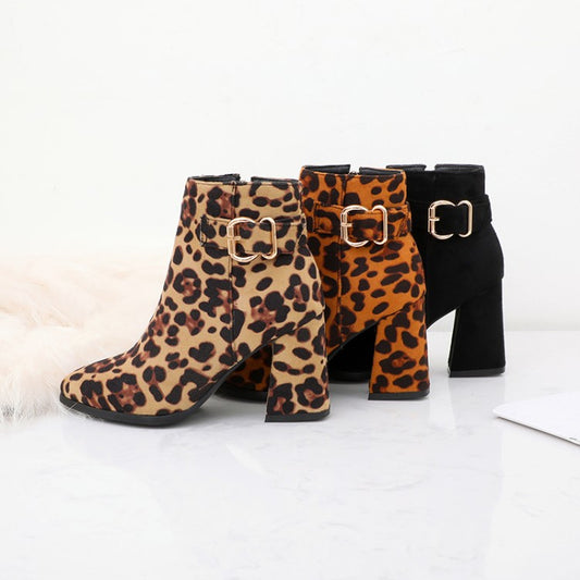 Women's Leopard-print Flock Pointed Toe Side Zippers Buckle Straps Block Chunky Heel Short Boots