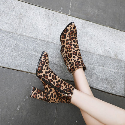 Women's Leopard-print Flock Pointed Toe Side Zippers Buckle Straps Block Chunky Heel Short Boots