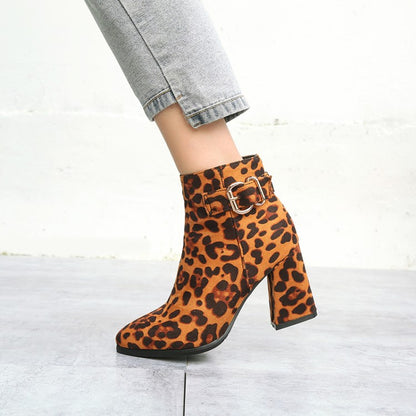 Women's Leopard-print Flock Pointed Toe Side Zippers Buckle Straps Block Chunky Heel Short Boots