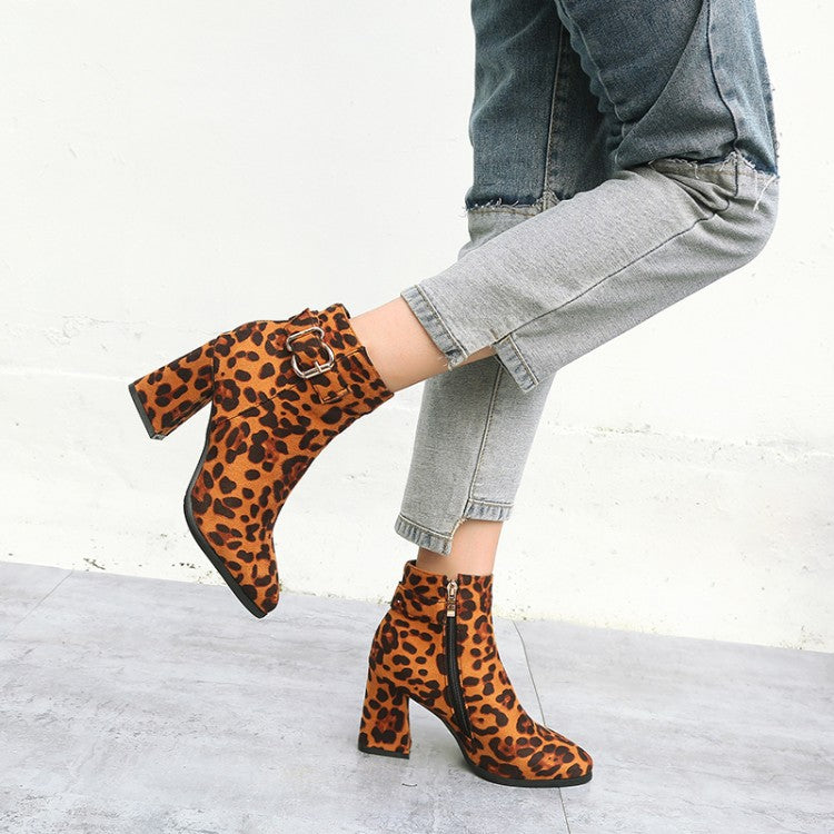 Women's Leopard-print Flock Pointed Toe Side Zippers Buckle Straps Block Chunky Heel Short Boots