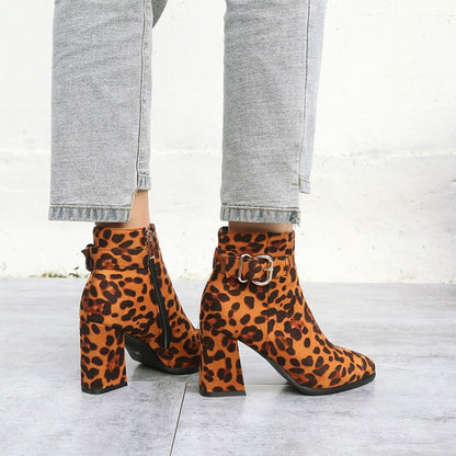 Women's Leopard-print Flock Pointed Toe Side Zippers Buckle Straps Block Chunky Heel Short Boots