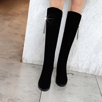 Women's Flock Sparkling Rhinestone Tassel Wedge Heel Knee High Boots