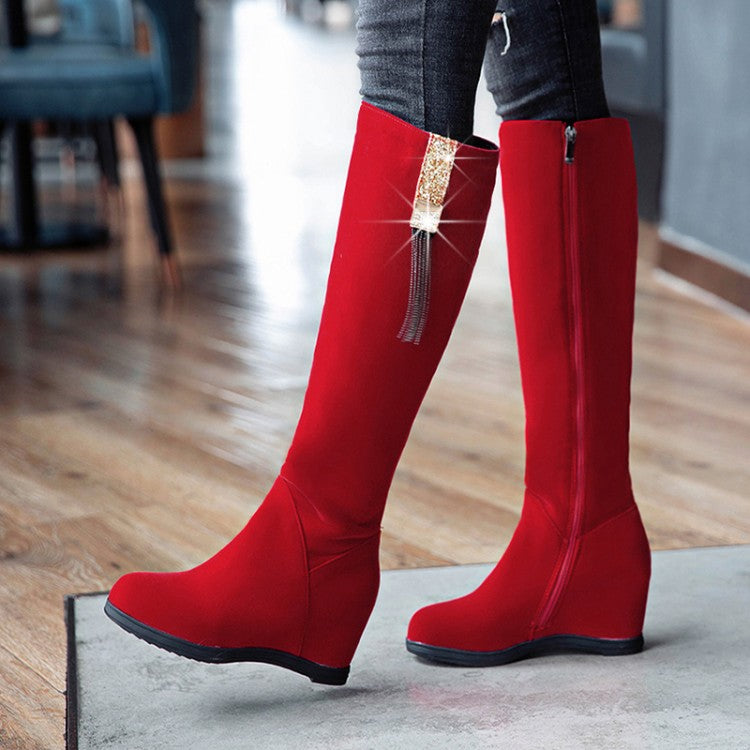 Women's Flock Sparkling Rhinestone Tassel Wedge Heel Knee High Boots