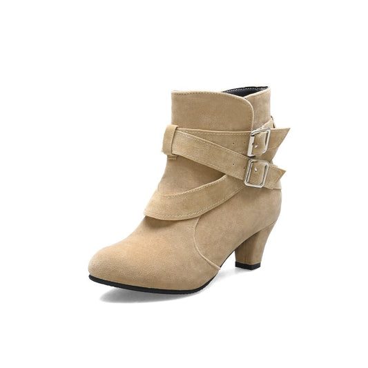 Women's Flock Pointed Toe Double Buckle Straps Puppy Heel Ankle Boots