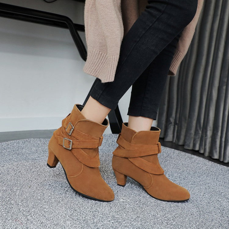 Women's Flock Pointed Toe Double Buckle Straps Puppy Heel Ankle Boots