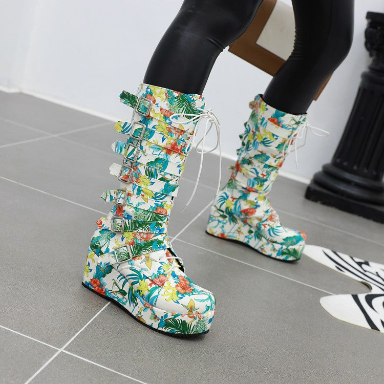 Women's Matte Pu Leather Round Toe Buckle Straps Wedge Heel Platform Mid-calf Boots