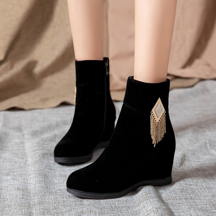 Women's Flock Round Toe Rhinestone Tassel Wedge Heel Side Zippers Short Boots