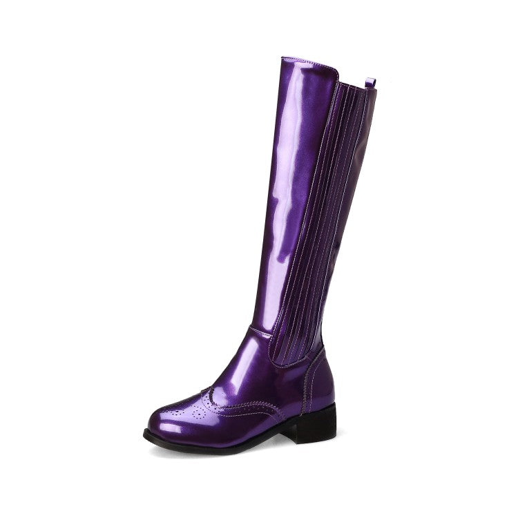 Women's Patent Round Toe Side Zippers Block Chunky Heel Platform Knee High Boots