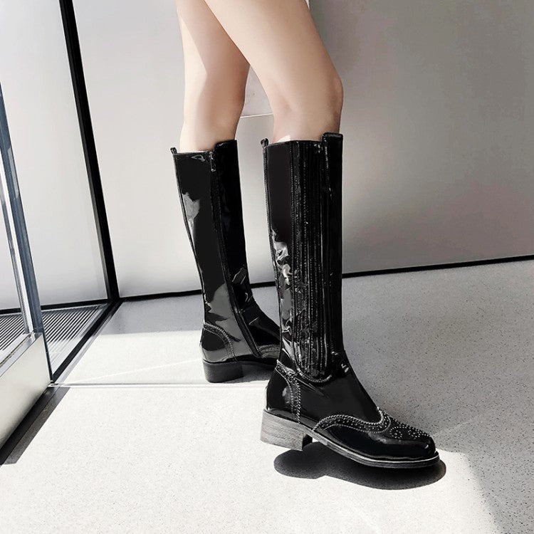 Women's Patent Round Toe Side Zippers Block Chunky Heel Platform Knee High Boots