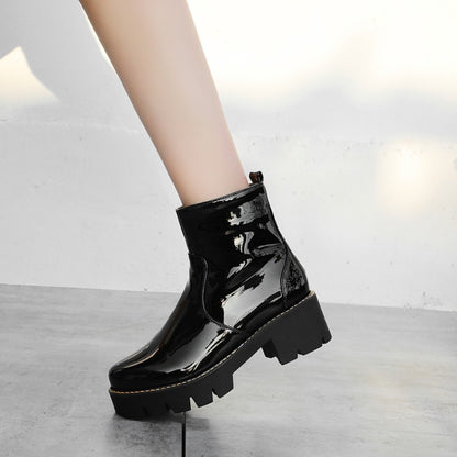 Women's Glossy Round Toe Side Zippers Block Chunky Heel Platform Short Boots