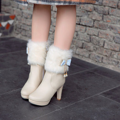 Women's Pu Leather Almond Toe Pearls Side Zippers Block Chunky Heel Platform Short Boots