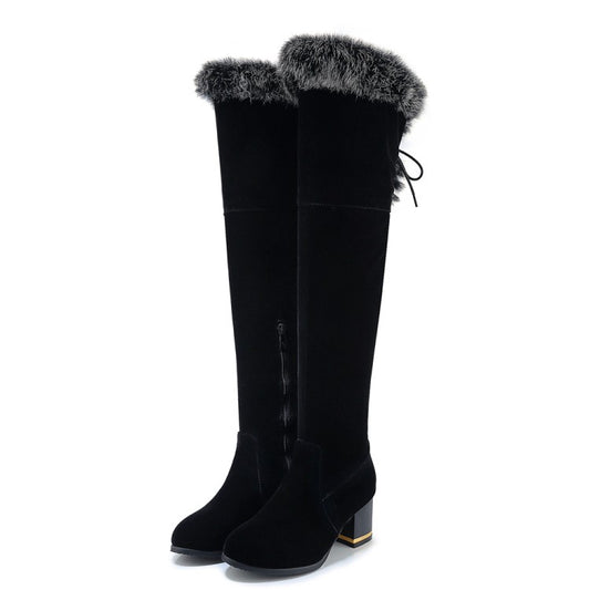 Women's Flock Round Toe Fur Back Tied Straps Block Chunky Heel Over-The-Knee Boots