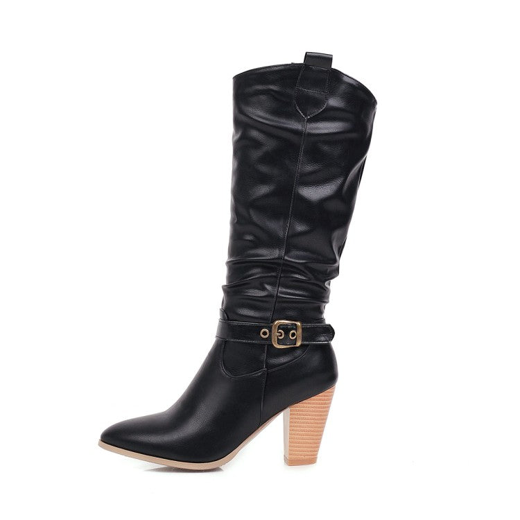 Women's Pointed Toe Block Chunky Heel Buckle Straps Mid-Calf Boots