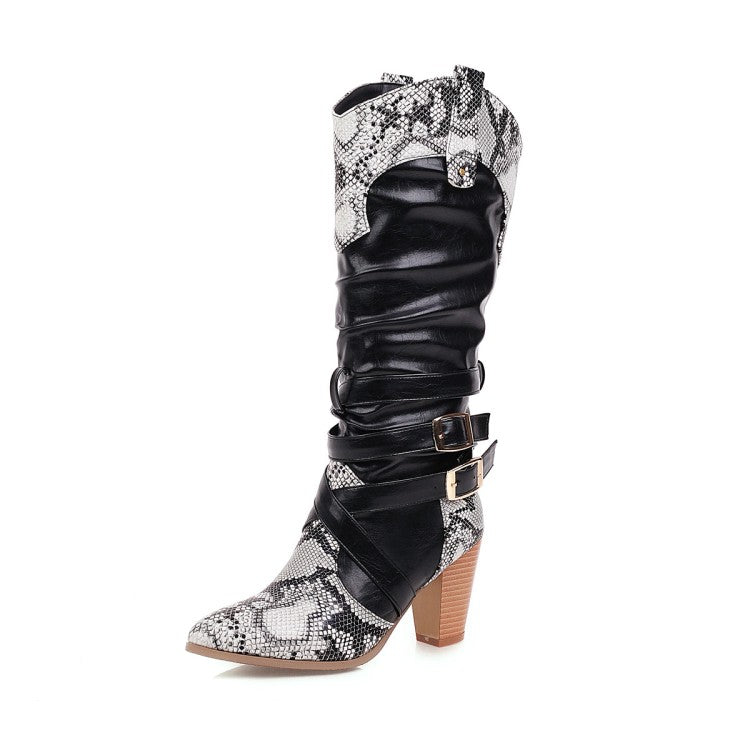 Women's Snake-print Patchwork Buckle Straps Block Chunky Heel Pointed Toe Mid-Calf Boots