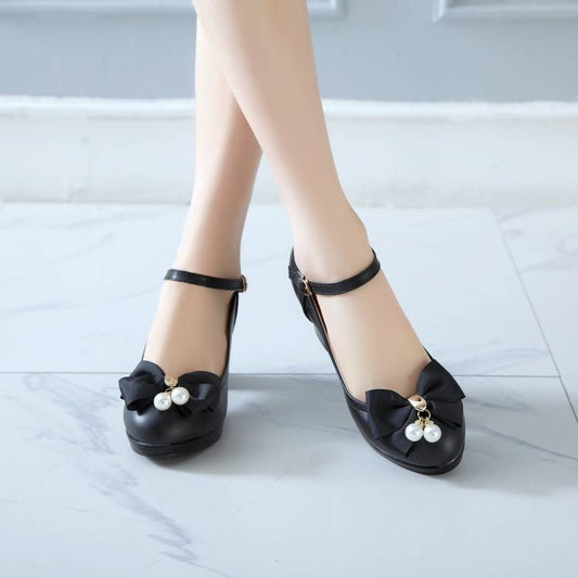 Women Pearls Bow Tie Shallow Mary Janes Block Heel Platform Pumps