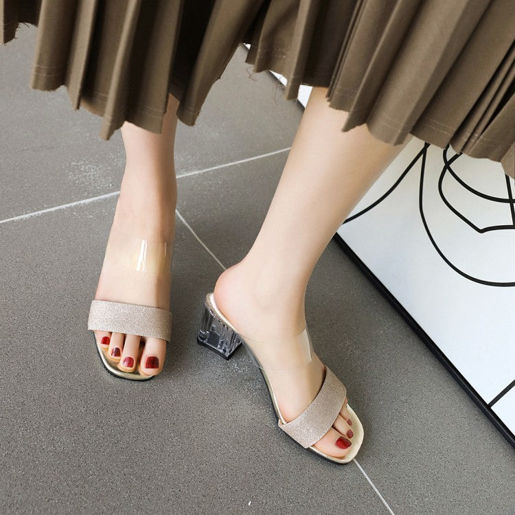 Women's Transparent Crystal Block Heel Slides Sandals
