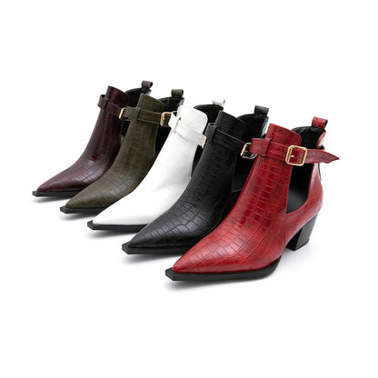 Women's Crocodile Pattern Pointed Toe Buckle Straps Block Chunky Heel Short Boots