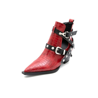 Women's Crocodile Pattern Pointed Toe Rivets Buckle Block Chunky Heel Short Boots