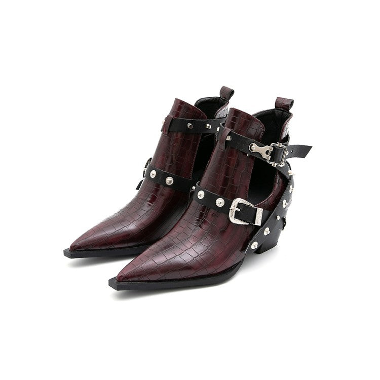 Women's Crocodile Pattern Pointed Toe Rivets Buckle Block Chunky Heel Short Boots