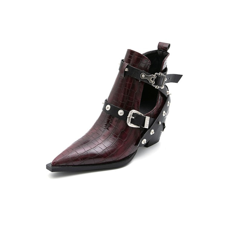 Women's Crocodile Pattern Pointed Toe Rivets Buckle Block Chunky Heel Short Boots