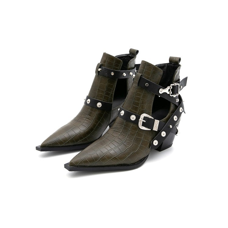 Women's Crocodile Pattern Pointed Toe Rivets Buckle Block Chunky Heel Short Boots