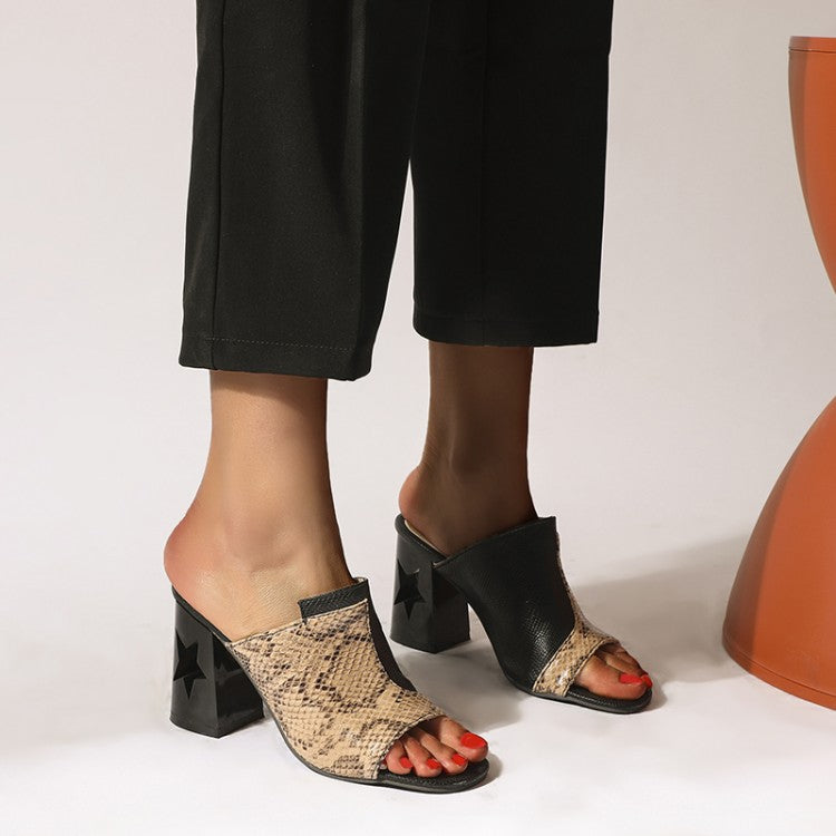 Women's Open Toe Printed Block Chunky Heel Slides Sandals