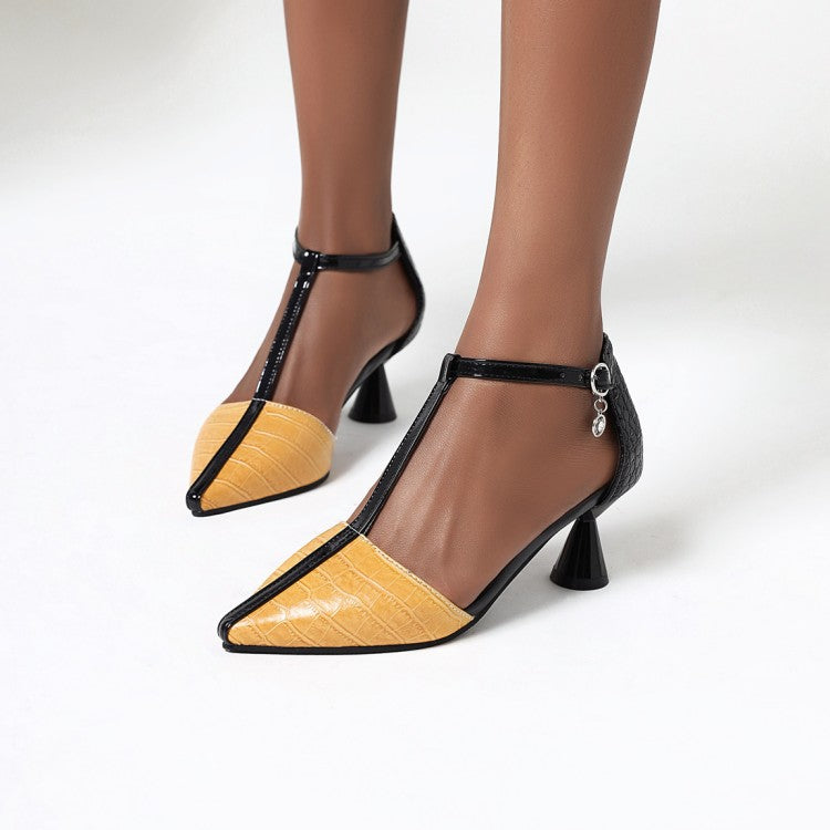 Women's Pointed Toe T Strap Spool Heel Sandals