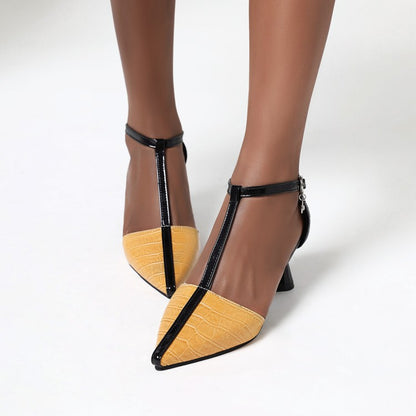 Women's Pointed Toe T Strap Spool Heel Sandals