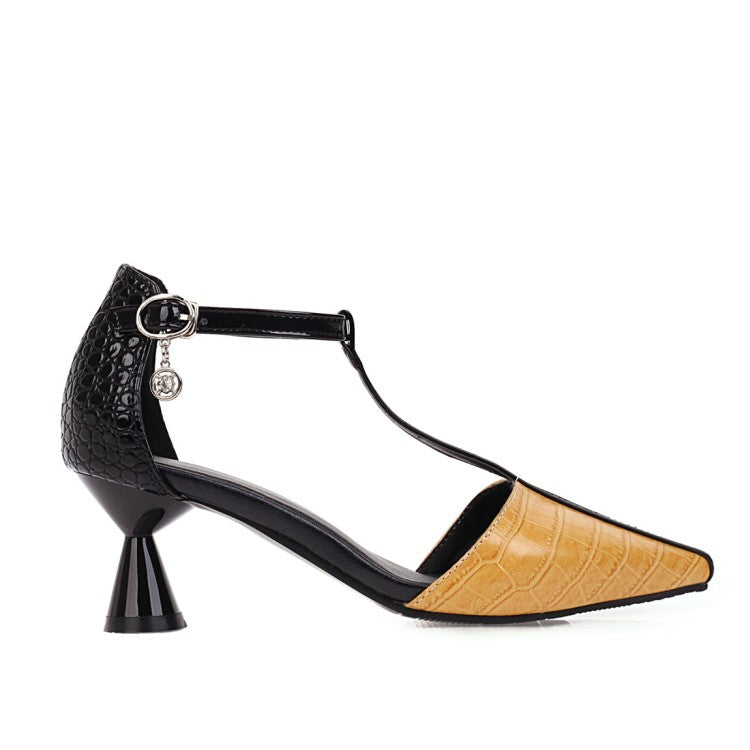 Women's Pointed Toe T Strap Spool Heel Sandals