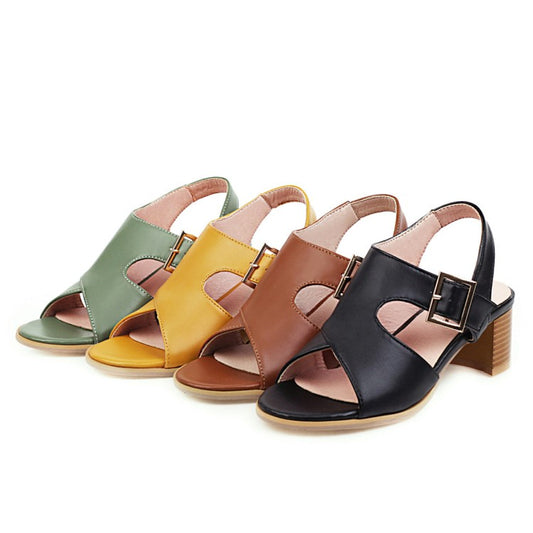 Women's Open Toe Buckle Straps Cutout Block Chunky Heel Sandals