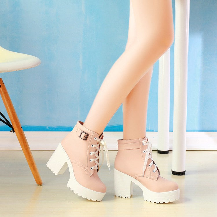 Women's Round Toe Lace-Up Buckle Straps Block Chunky Heel Platform Short Boots