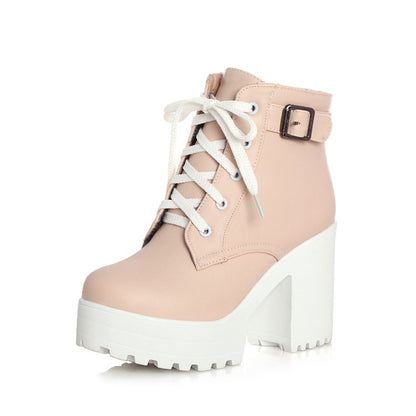 Women's Round Toe Lace-Up Buckle Straps Block Chunky Heel Platform Short Boots