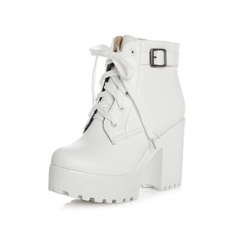 Women's Round Toe Lace-Up Buckle Straps Block Chunky Heel Platform Short Boots