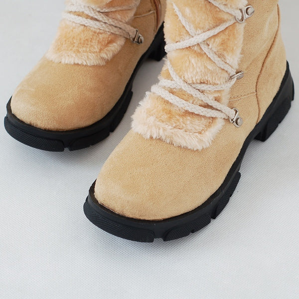Women's Flock Round Toe Lace-Up Furry Ball Side Zippers Block Chunky Heel Platform Mid-Calf Boots
