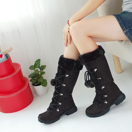 Women's Flock Round Toe Lace-Up Furry Ball Side Zippers Block Chunky Heel Platform Mid-Calf Boots