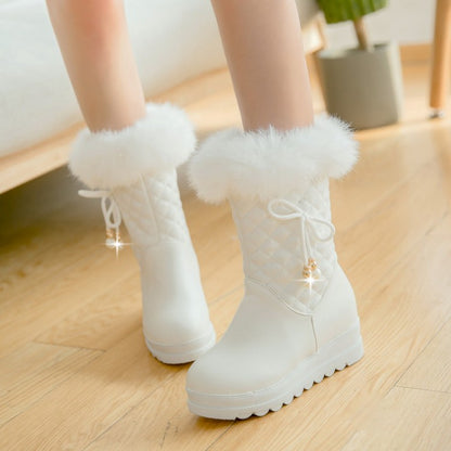 Women's Round Toe Tied Straps Pearls Flat Platform Mid-Calf Boots