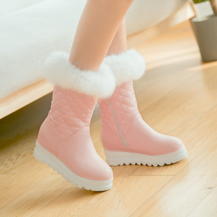 Women's Round Toe Tied Straps Pearls Flat Platform Mid-Calf Boots