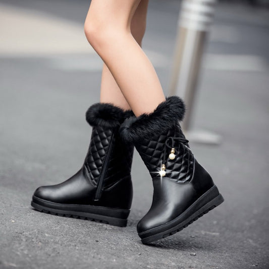 Women's Round Toe Tied Straps Pearls Flat Platform Mid-Calf Boots